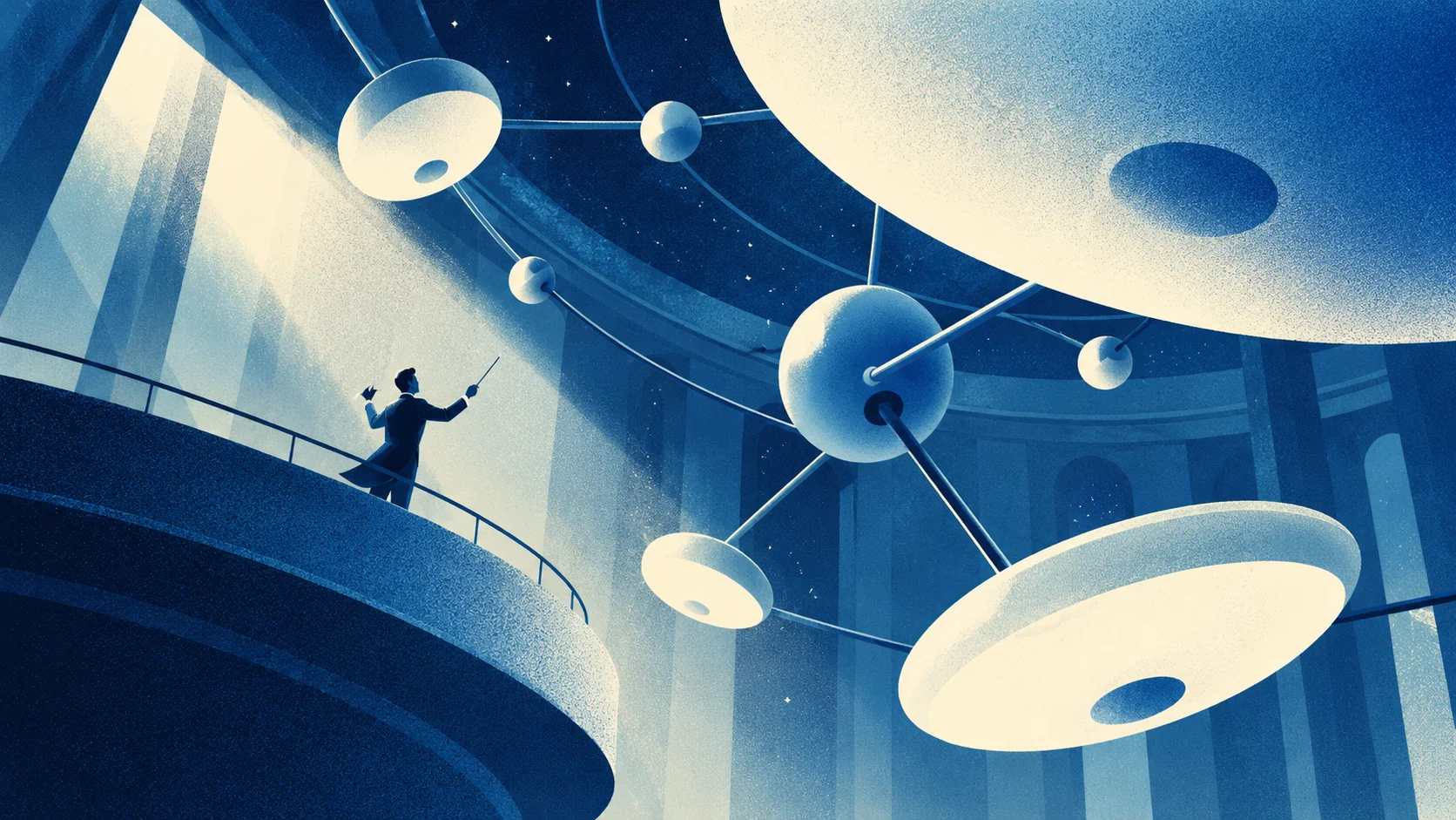 A conductor orchestrates a vast orbital mechanism in a blue observatory.