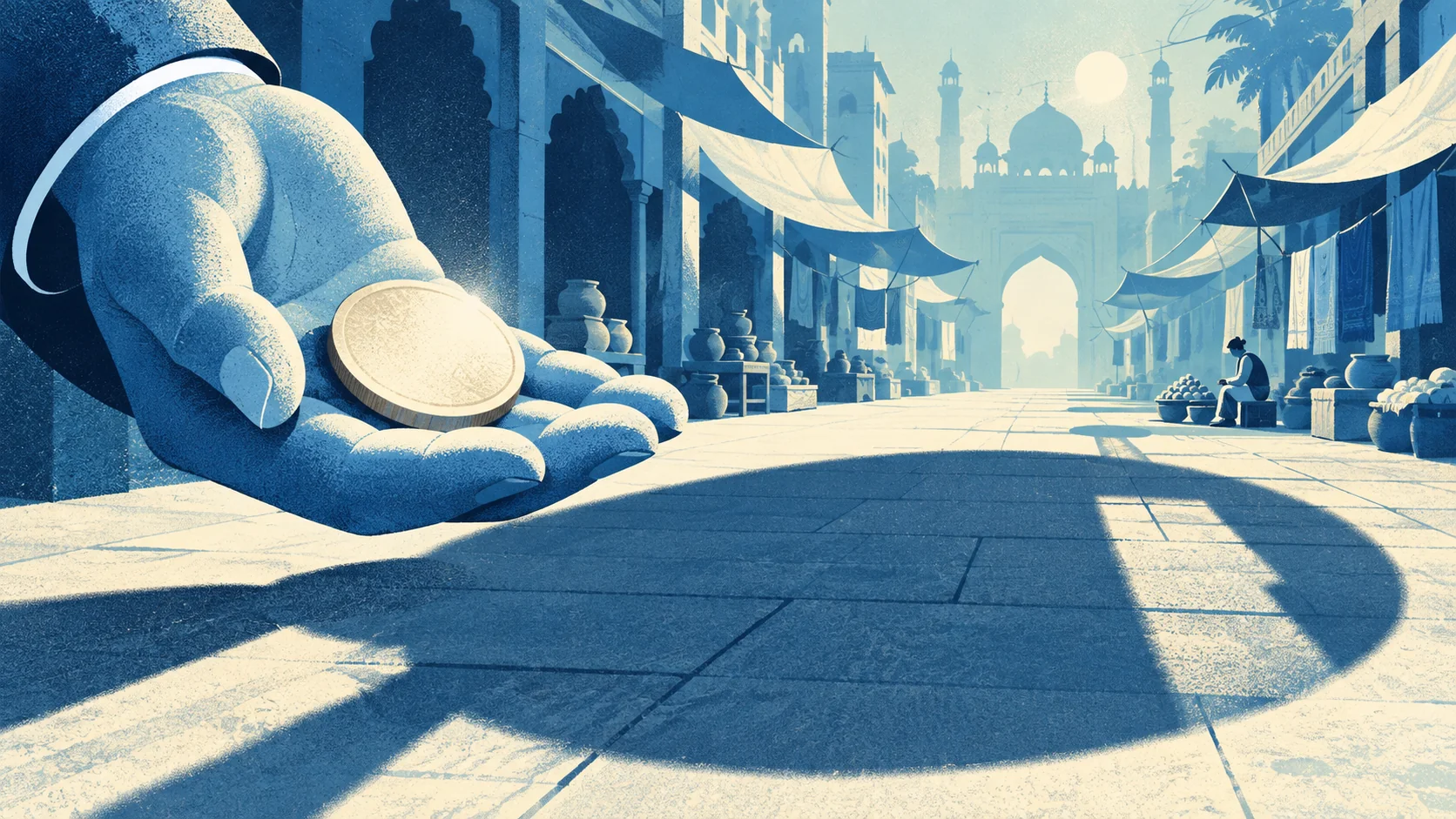 A luminous coin casts an oversized shadow across a quiet market.