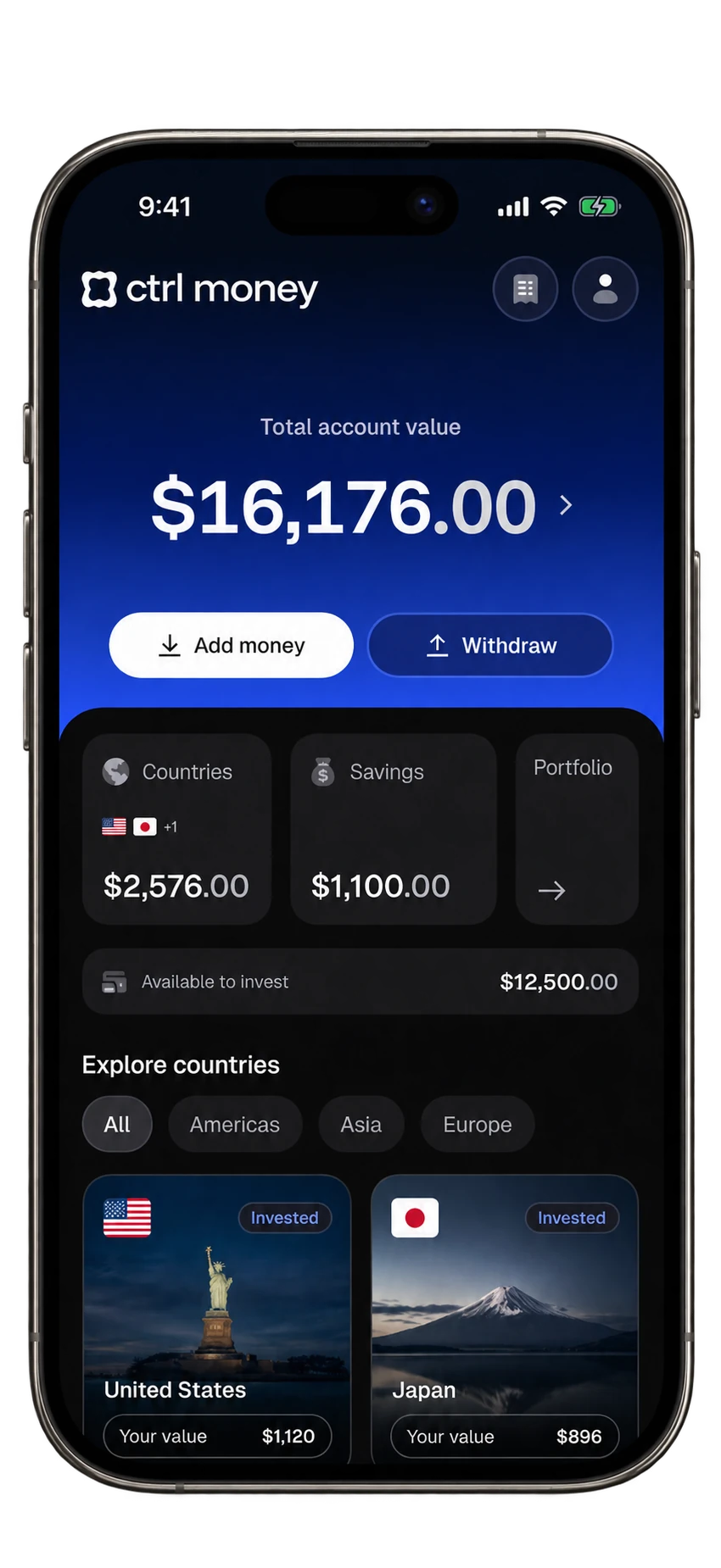 Ctrl Money account overview showing savings and investments in the United States and Japan